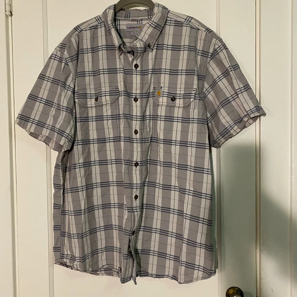 Carhartt original fit short sleeve button down plaid shirt XL blue / beige